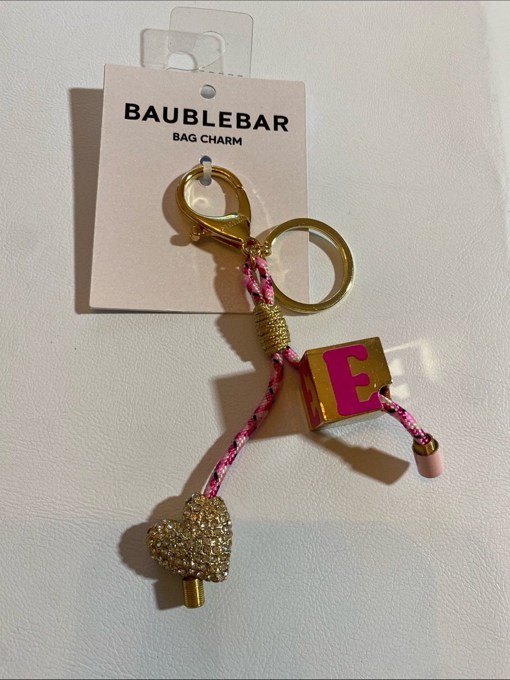 BaubleBar Pink & Gold Letter E Crystal Heart Key Charm